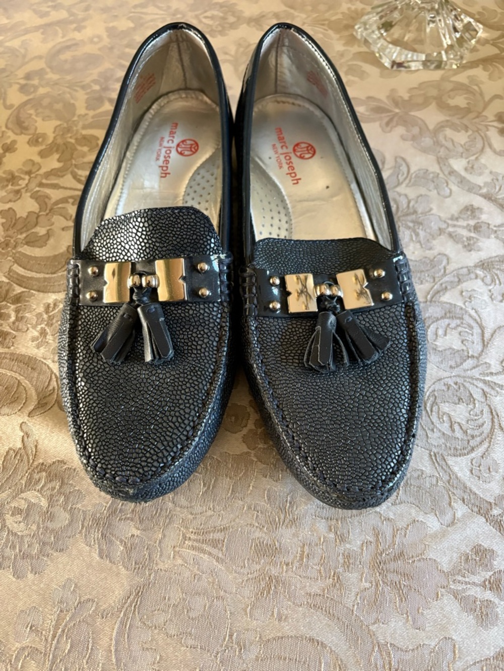 Marc Joseph Navy Croc and patentTassel Loafers with silver Accents Navy